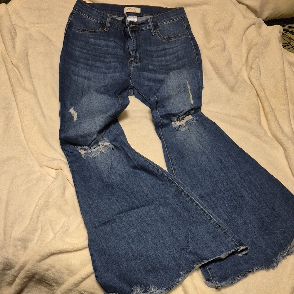 Women's Blue Distressed Flare Jeans